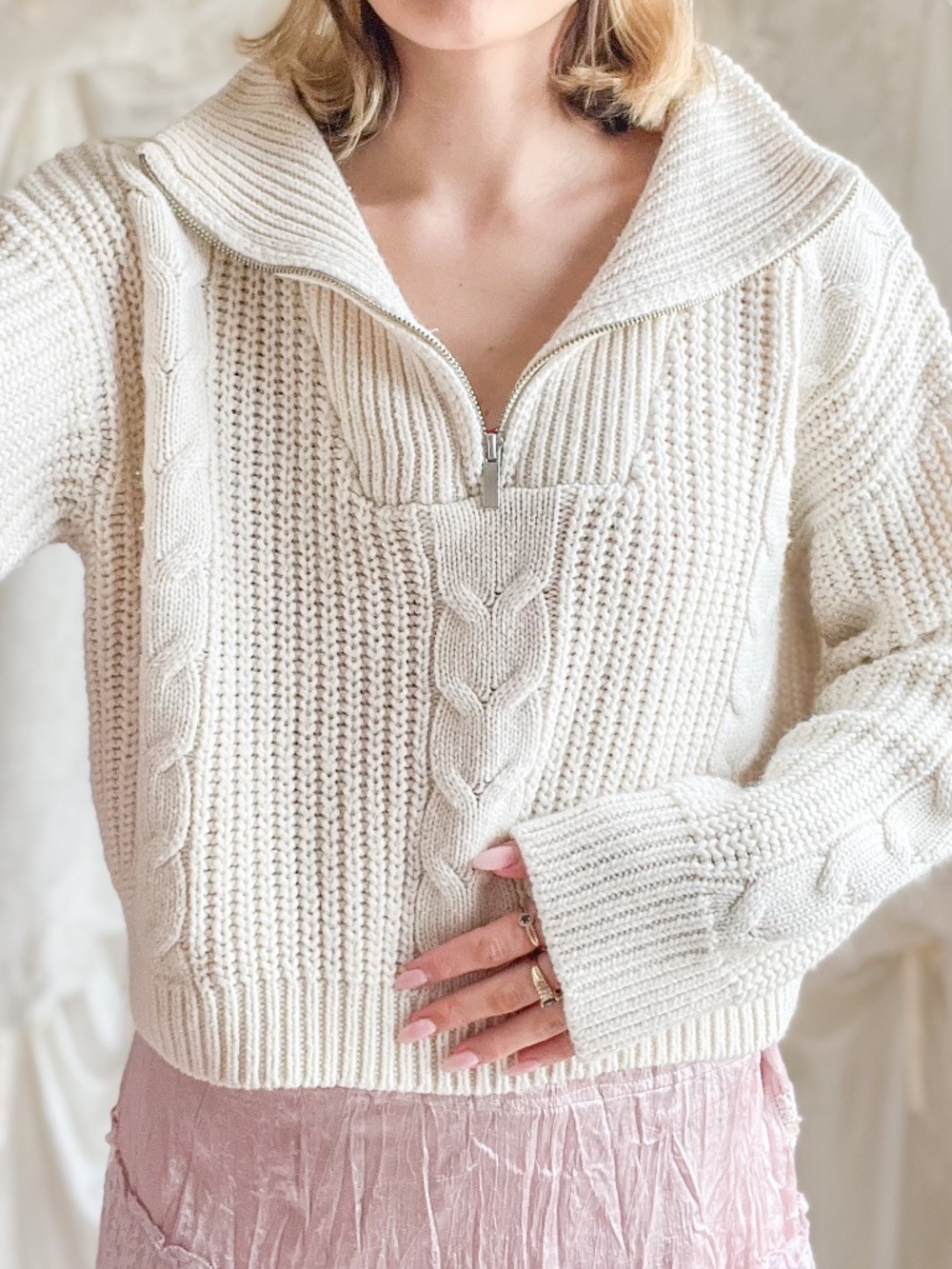 Topshop Cream Cable Knit Half Zip Sweater